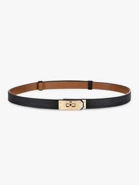 Black Skinny Leather Belt Gold Turn Lock Buckle Adjustable Waist Dress Belt